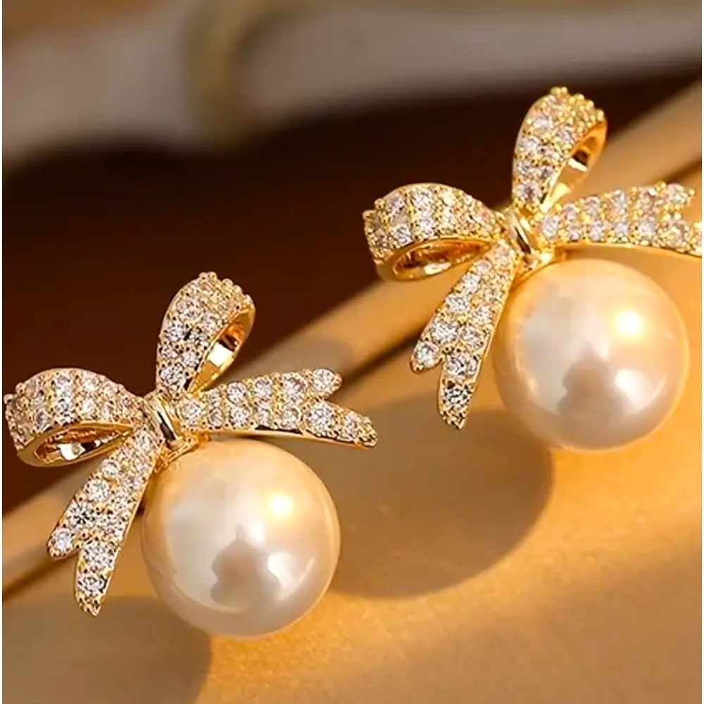 EARRINGS FULL SHINY RHINESTONE INLAID BOW FAUX PEARL